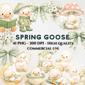Könnte beinhalten: Aquarellillustrationen von entzückenden Entenküken in verschiedenen Frühlingsszenen. Das Bild zeigt Entenküken mit Büchern, Regenschirmen und Schleifen, zusammen mit dem Text "SPRING GOOSE". Die Illustrationen sind in sanften Pastellfarben gehalten, ideal für Bastelarbeiten und Designs.