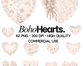 Boho Watercolor Heart Clipart, Blush Pink Valentine's Day, Baby Shower (62 PNG Digital Download)