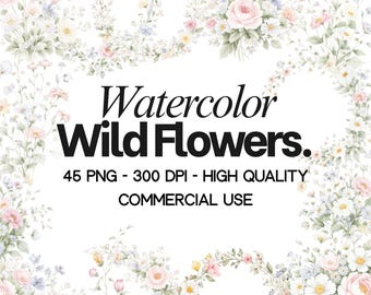 Watercolor Wildflowers Clipart, Floral Border PNG (Instant Download)