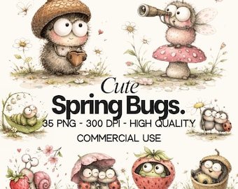 Pacchetto di clipart di insetti primaverili / 35 PNG trasparenti / Insetti e fiori ad acquerello / Clipart di insetti kawaii