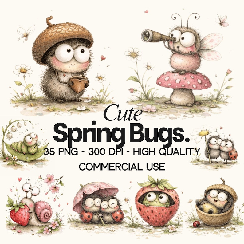 Spring Cartoon Bugs Spring Bugs Clipart Bundle | 35 PNG Transparent | Watercolor Insects ...