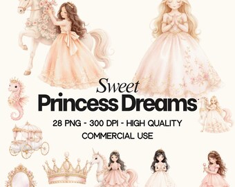 Paquete de imágenes prediseñadas en acuarela "Dulces sueños de princesa" (28 archivos PNG) – Decoración de cuento de hadas para la habitación del bebé