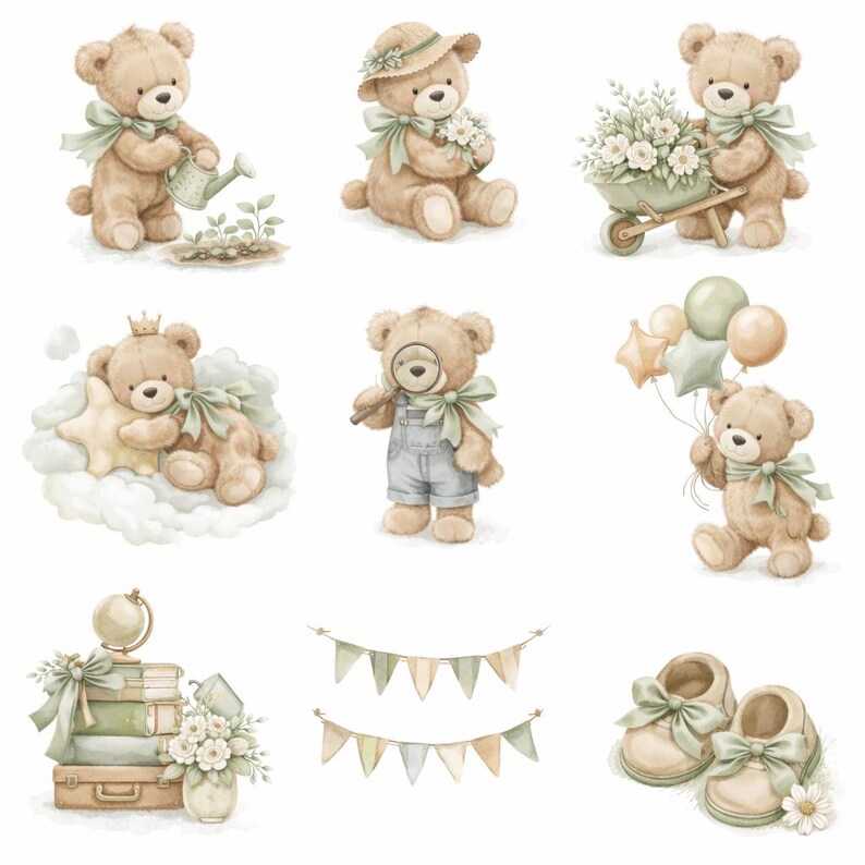 Teddy Bear Clipart PNG, 44 Sage Green Baby Boy Nursery Graphics Bundle ...