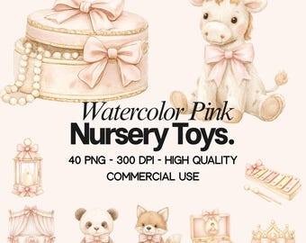 Paquete de imágenes prediseñadas de juguetes de guardería en acuarela, animales de peluche coquetos PNG, oso de peluche, conejito, lazo rosa