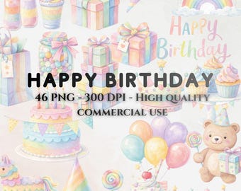 Set di clipart per feste di compleanno pastello, grafica PNG per celebrazioni (download digitale)