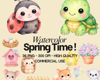Paquete de imágenes prediseñadas de primavera en acuarela: animales de jardín, flores (descarga digital)