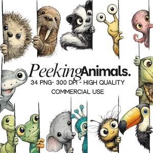 May include: A collection of watercolor illustrations of various animals, including a hedgehog, walrus, and badger, peeking from behind vertical white lines. The text "Peeking Animals" is displayed with additional details.