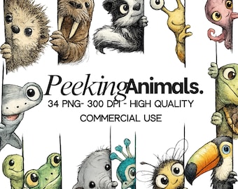 Peeking Animals Clipart: 34 PNG Woodland Creatures (Commercial Use)