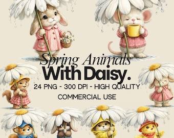 Set di clipart di animali primaverili con margherite: 24 file PNG (stampabili digitalmente)