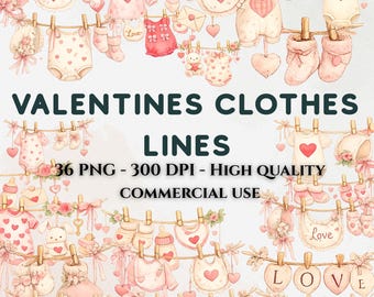 Clipart di stendibiancheria per neonati con acquerello di San Valentino (36 PNG)