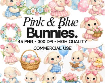 Clipart di coniglietti ad acquerello - Conigli pasquali rosa e blu, uso commerciale PNG