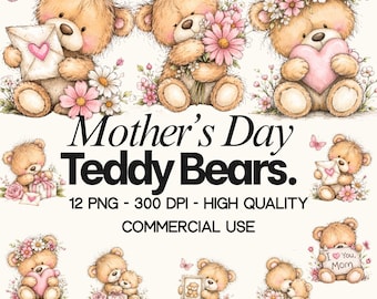 Conjunto de imágenes prediseñadas de osos para el Día de la Madre: 12 archivos PNG (imprimibles digitales)