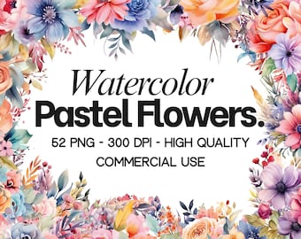 Watercolor Pastel Floral Clipart – Wildflower Borders, Wedding Graphics (52 PNG)