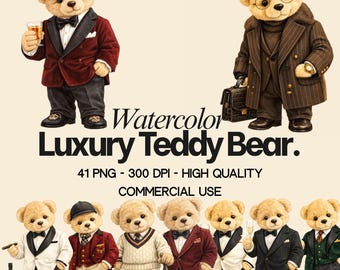 Pacchetto di clipart di orsacchiotti di lusso ad acquerello, stile preppy old money PNG