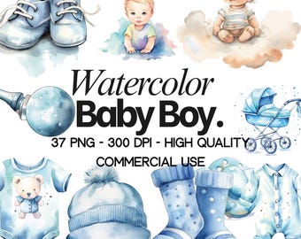 Baby Shower Boy Blue Clipart Set: Watercolor Nursery Graphics PNG (Digital Download - 37 PNGs)