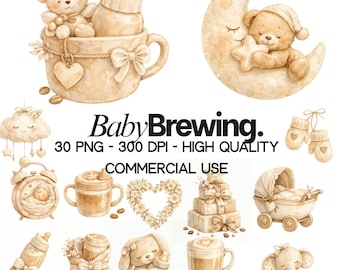 Clipart de preparación de café para bebés / Gráficos para baby shower / Café con leche / Grano pequeño / 30 PNG