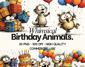 Set di clipart di animali di compleanno stravaganti: pacchetto di illustrazioni per feste 30 PNG