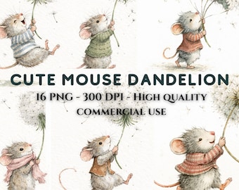 Clipart di topi ad acquerello / semi di tarassaco, arte pastello per bambini (PNG)