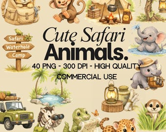 Clipart di animali da safari ad acquerello - Creature della giungla PNG (uso commerciale)