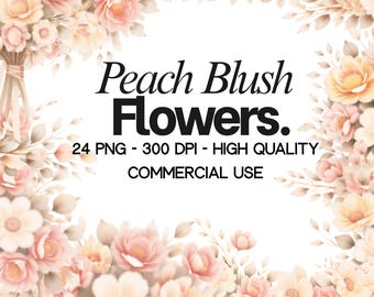 Peach Watercolor Floral Clipart – Wedding Bouquet & Frames (PNG, Commercial Use)