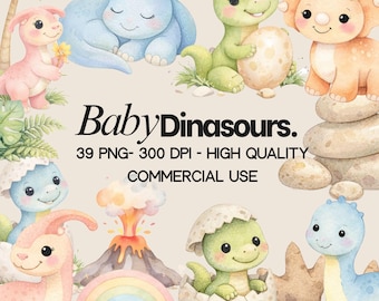 Pacchetto di clipart di dinosauri ad acquerello, decorazioni per la cameretta dei bambini (PNG)
