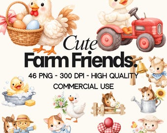 Watercolor Farm Animal Clipart Bundle – Chibi Barnyard Friends, Commercial Use (46 PNG)