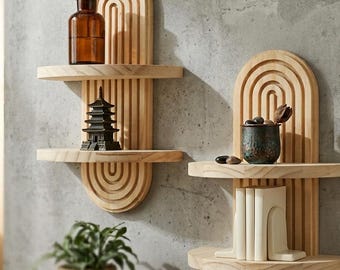 Solid Textured Arched Wood Floating Shelf Boho Wall Storage Home Decor