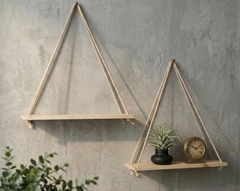 Wooden Triangle Hanging Shelf Boho Rope Wall Decor, Rustic Planter Display