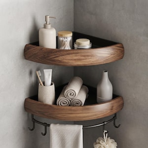No-Drill Walnut Corner Shelf | Rustproof Metal Shower Caddy Organizer with Hooks