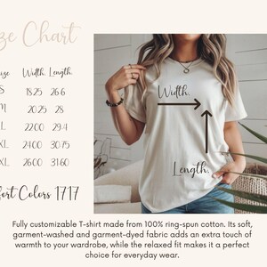 Puede incluir: Una camiseta color crema con una tabla de tallas que muestra las medidas de ancho y largo en cent&iacute;metros. La tabla incluye las tallas S, M, L, XL y 2XL. Tambi&eacute;n es visible el texto "Confort Colors 1717". La camiseta est&aacute; hecha de algod&oacute;n hilado en anillo.