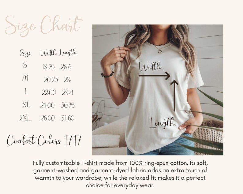 Puede incluir: Una camiseta color crema con una tabla de tallas que muestra las medidas de ancho y largo en cent&iacute;metros. La tabla incluye las tallas S, M, L, XL y 2XL. Tambi&eacute;n es visible el texto "Confort Colors 1717". La camiseta est&aacute; hecha de algod&oacute;n hilado en anillo.