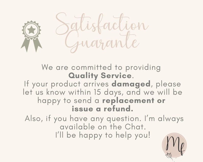 Satisfaction guarantee and customer service policy infographic. Commitment to replacement or refund if the personalized gift for dad arrives defective or damaged.