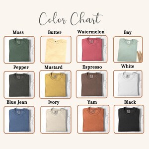 Color chart for Comfort Colors 1717 t-shirts, including Ivory, White, Pepper, and Moss for personalized father-in-law gifts.