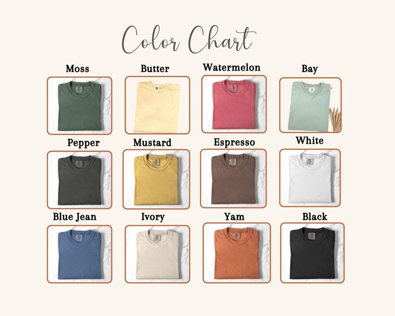Color chart for Comfort Colors 1717 t-shirts, including Ivory, White, Pepper, and Moss for personalized father-in-law gifts.