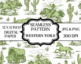 Patrón sin costuras de vaquero del oeste, papel digital de caballo del desierto, estampado toile de rancho vintage, 12x12 JPG PNG, diseño de tela del oeste, AIFILE
