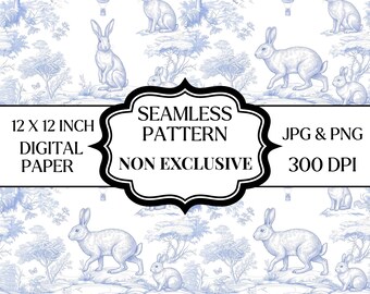 Patrón sin costuras Blue Bunny Toile PNG JPG, Papel digital Rabbit Toile, Tela vintage para habitación infantil con estampado de bosque