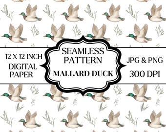 Papel digital con estampado sin costuras de pato ánade real en formato PNG y JPG, estampado de aves acuáticas, papel rústico para álbum de recortes de estilo granja, 12x12 pulgadas.