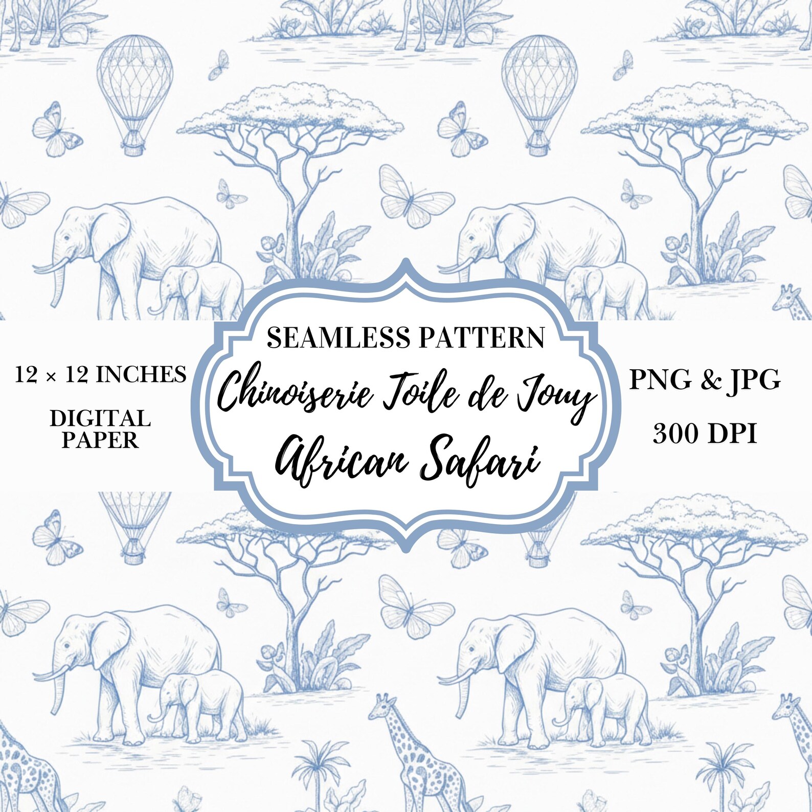 Blue African Safari Toile Pattern | Chinoiserie Nursery Wallpaper (PNG ...