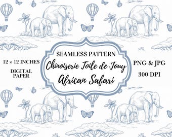 Blue African Safari Toile Digital Paper | Chinoiserie Nursery Pattern (PNG JPG)