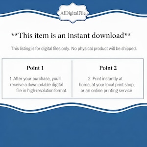 Puede incluir: Un gr&aacute;fico informativo blanco con bordes azules y el texto AIDigitalFile en la parte superior. Indica que este art&iacute;culo es una descarga instant&aacute;nea solo para archivos digitales, con dos puntos que explican el proceso de recepci&oacute;n e impresi&oacute;n.