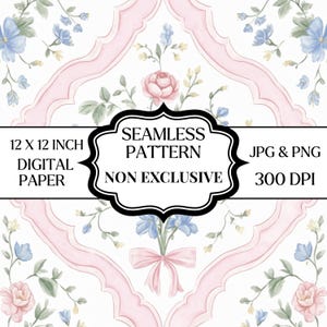 May include: A seamless digital paper pattern featuring a repeating floral design with pink, blue, and green watercolor flowers. The pattern includes a pink decorative frame. The text on the image reads "12 X 12 INCH DIGITAL PAPER SEAMLESS PATTERN NON EXCLUSIVE JPG & PNG 300 DPI."