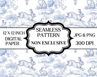 Patrón sin costuras Blue Bunny Toile PNG JPG, Papel digital Rabbit Toile, Tela vintage para habitación infantil con estampado de bosque