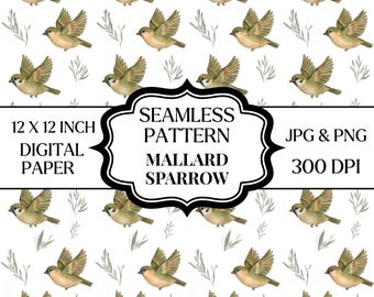 Patrón PNG sin costuras de gorrión en acuarela, papel digital de pájaro volando, estampado de pájaro estilo cottagecore, fondo sin costuras, diseño de tela, 12x12