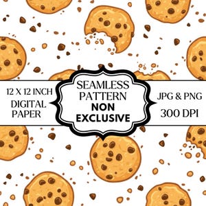 Könnte beinhalten: Ein nahtloses digitales Papiermuster mit Cartoon-Schokoladen-Chip-Cookies auf weißem Hintergrund. Der Text "12 X 12 INCH DIGITAL PAPER" und "SEAMLESS PATTERN NON EXCLUSIVE JPG & PNG 300 DPI" ist enthalten.