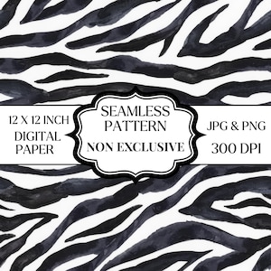 May include: Seamless digital paper with a black and white zebra stripe pattern. The image includes the text "12 X 12 INCH DIGITAL PAPER SEAMLESS PATTERN NON EXCLUSIVE JPG & PNG 300 DPI".