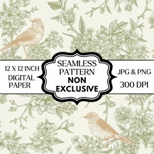 Green Toile Bird Seamless Pattern, Vintage Floral Bird Digital Paper, French Cottagecore Design, 12x12 JPG PNG, Printable Fabric Pattern
