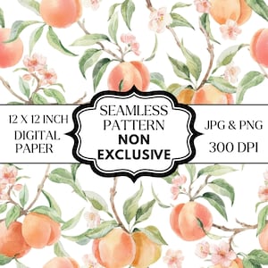 May include: Seamless digital paper with a watercolor peach pattern. The design features ripe peaches, green leaves, and delicate pink blossoms on a white background. The image includes the text "12 X 12 INCH DIGITAL PAPER" and "SEAMLESS PATTERN NON EXCLUSIVE JPG & PNG 300 DPI".
