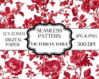 Papel digital con estampado Toile victoriano rojo sin costuras, fondo floral de rosas vintage, estilo campestre francés JPG PNG 12x12