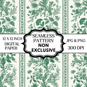 Op de afbeelding: Digitaal papier met een naadloos botanisch patroon. Het ontwerp bevat groene bloemenillustraties op een crèmekleurige achtergrond. De tekst op de afbeelding luidt "12 X 12 INCH DIGITAL PAPER SEAMLESS PATTERN NON EXCLUSIVE JPG & PNG 300 DPI."