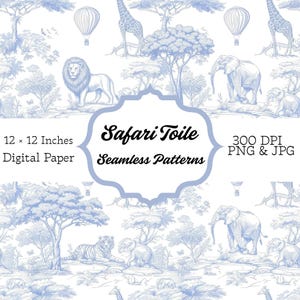 Puede incluir: Papel digital azul y blanco con un patrón de toile de Jouy de safari. El diseño presenta ilustraciones de leones, jirafas, elefantes y tigres. El texto dice "Safari Toile Seamless Patterns" y "12 x 12 Inches Digital Paper".